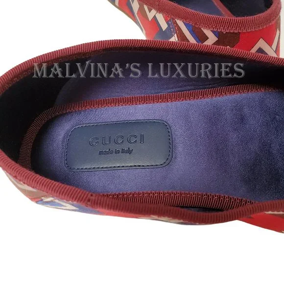 GUCCI SHOES GEOMETRIC G LOGO RED BLUE WHITE SATIN SLIPPER sz 39 9 US